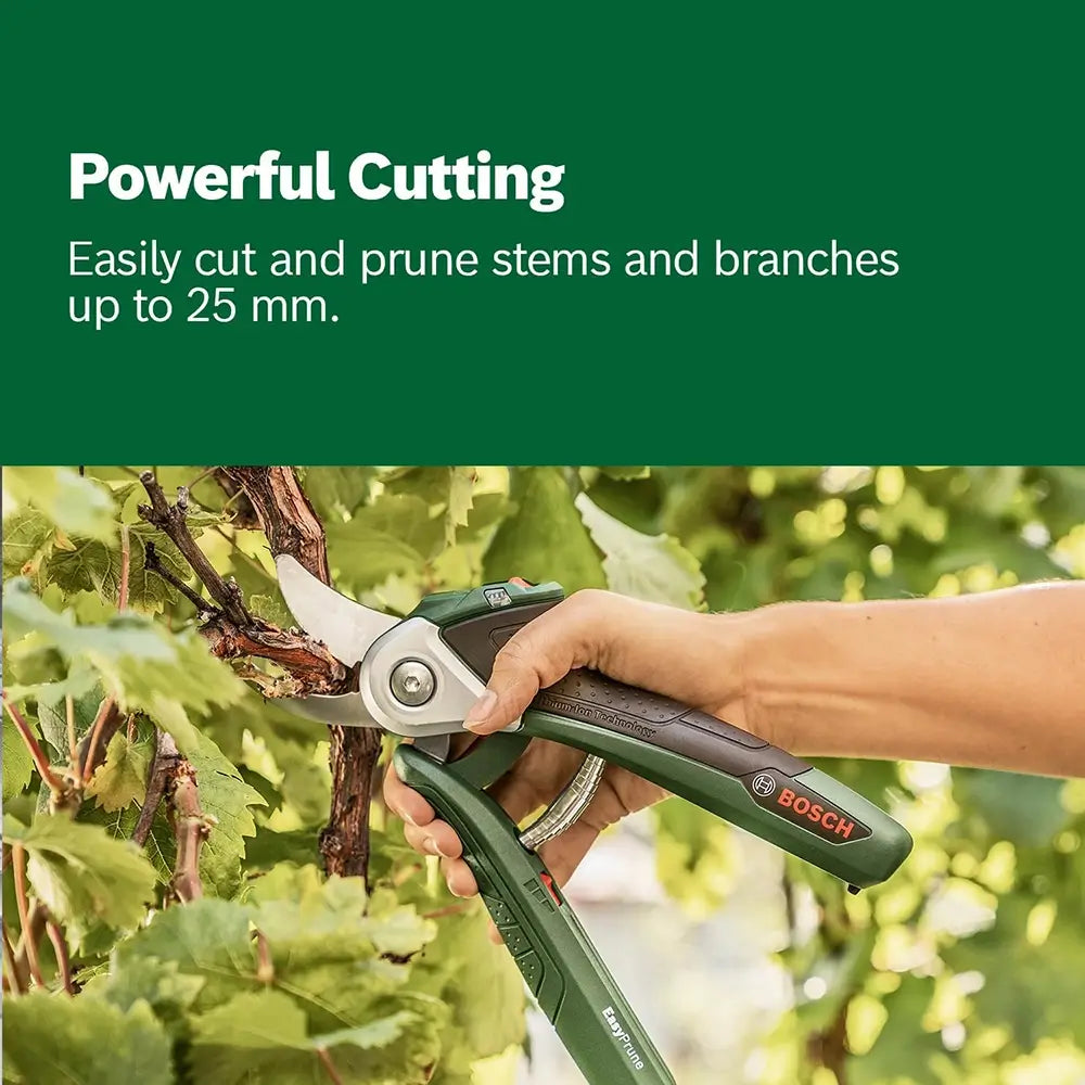 Gardening shears being used on a branch with a green background and text about powerful cutting.