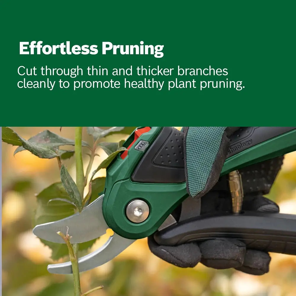 Gardening shears cutting through a branch with text about effortless pruning.