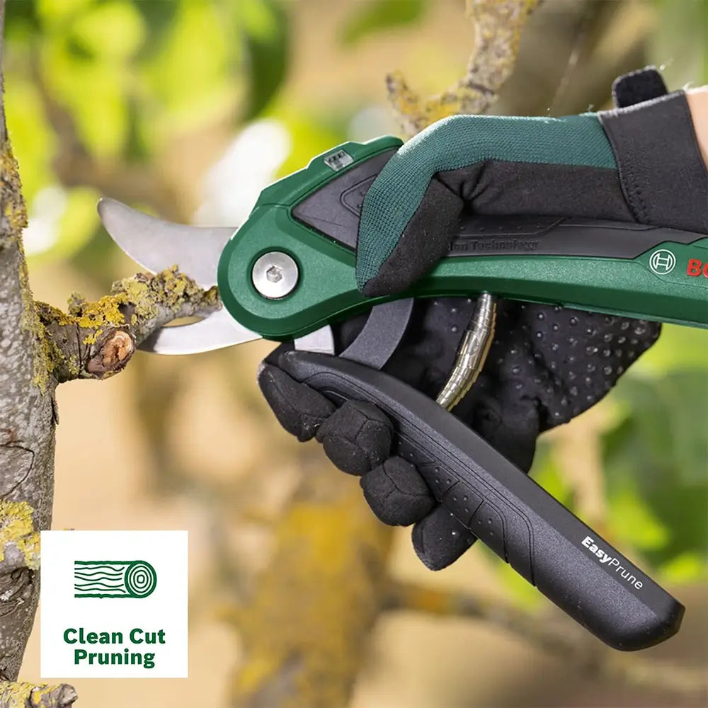 Hand holding a green pruning shear with a blurred natural background