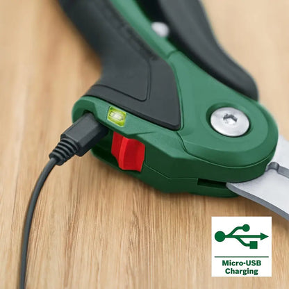 Green and black power tool with USB cable on a wooden surface, featuring a micro-USB charging icon.