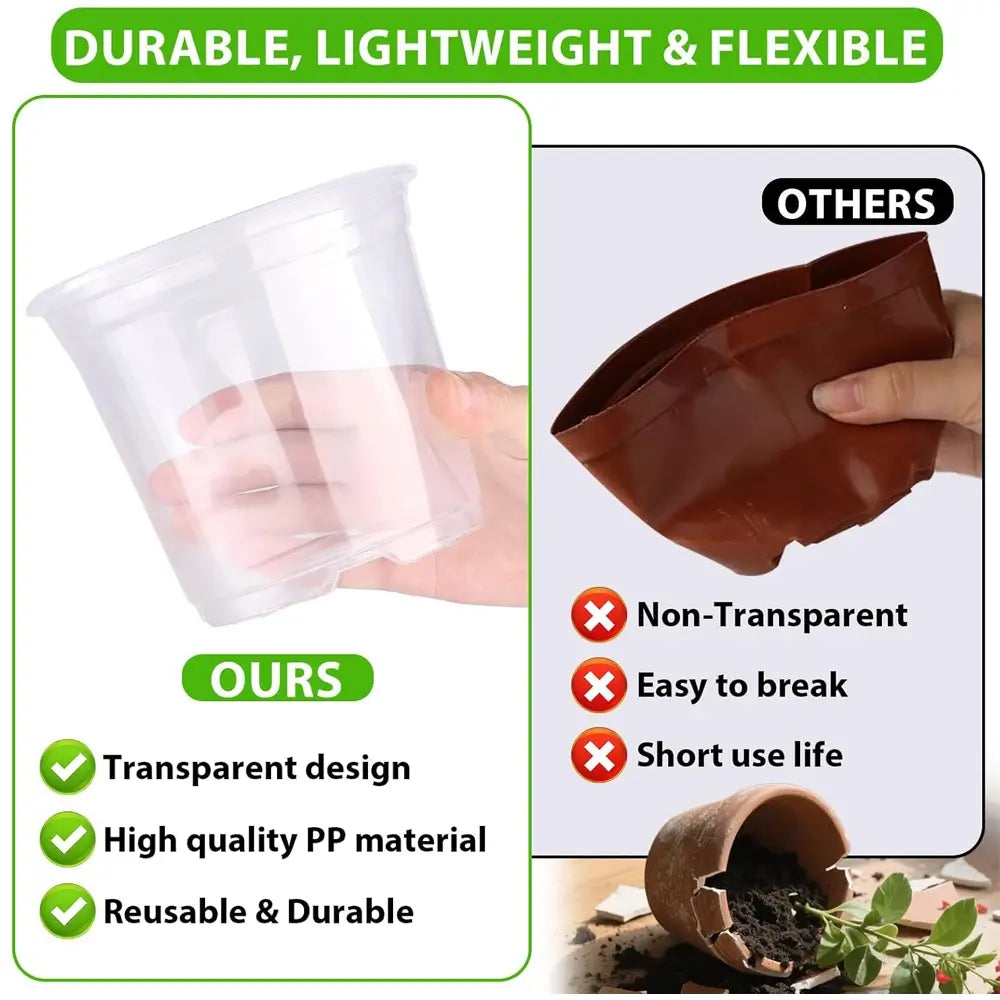 Transparent plastic pots with text highlighting durability, lightweight, and flexibility compared to non-transparent pots.