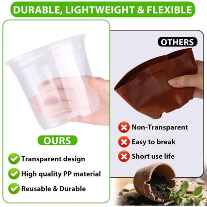 Transparent plastic pots with text highlighting durability, lightweight, and flexibility compared to non-transparent pots.