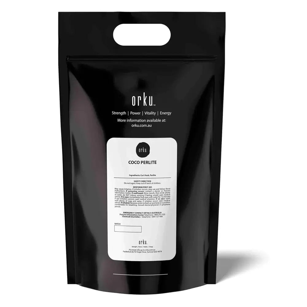 Black packaging of Orku Coco Perlite with a white label on a white background