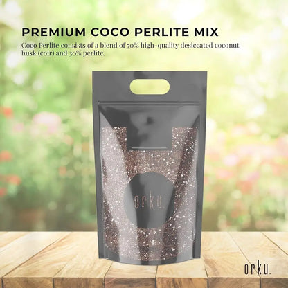 Black packaging bag labeled 'Orku' with premium coco perlite mix on a wooden surface.