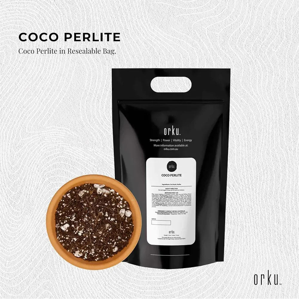 Orku Coco Perlite packaging with a black bag and a wooden bowl containing perlite on a light gray background.