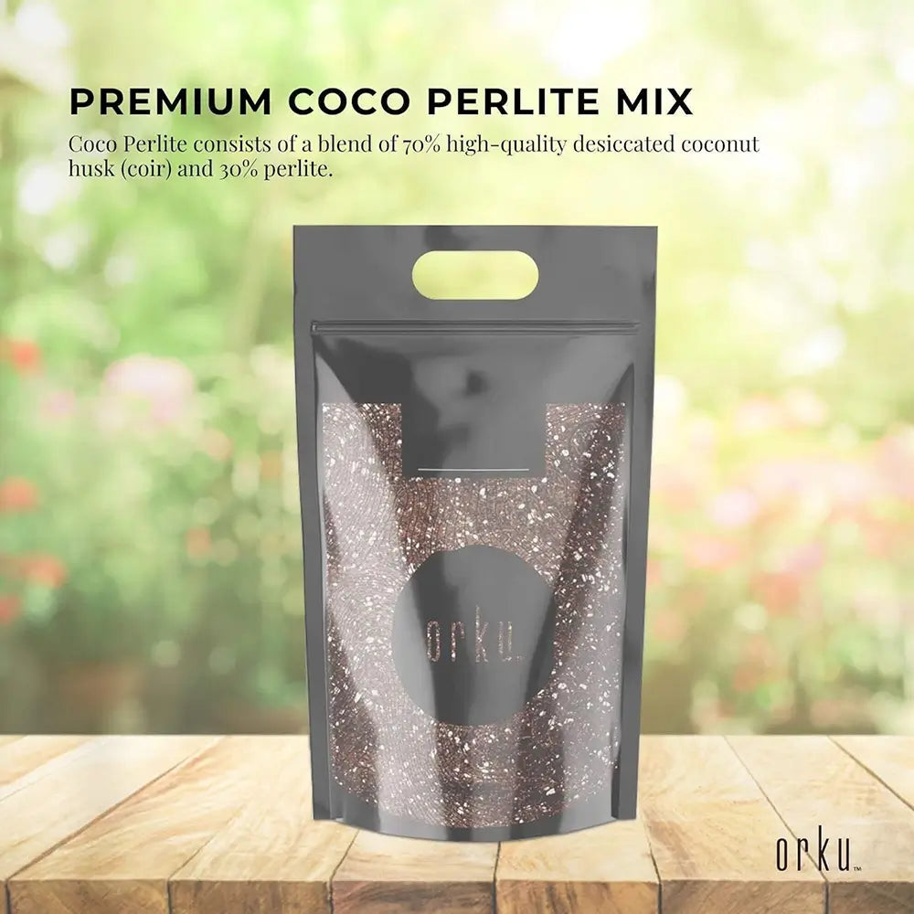 Black packaging bag labeled 'Orku' with premium coco perlite mix on a wooden surface.