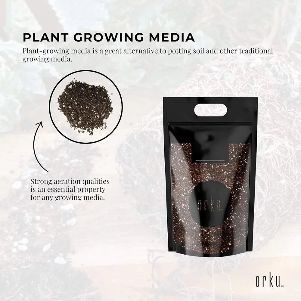 Bag of plant-growing media with text about its properties on a textured background