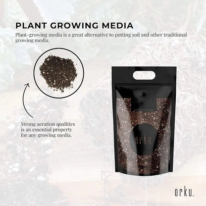 Bag of plant-growing media with text about its properties on a textured background