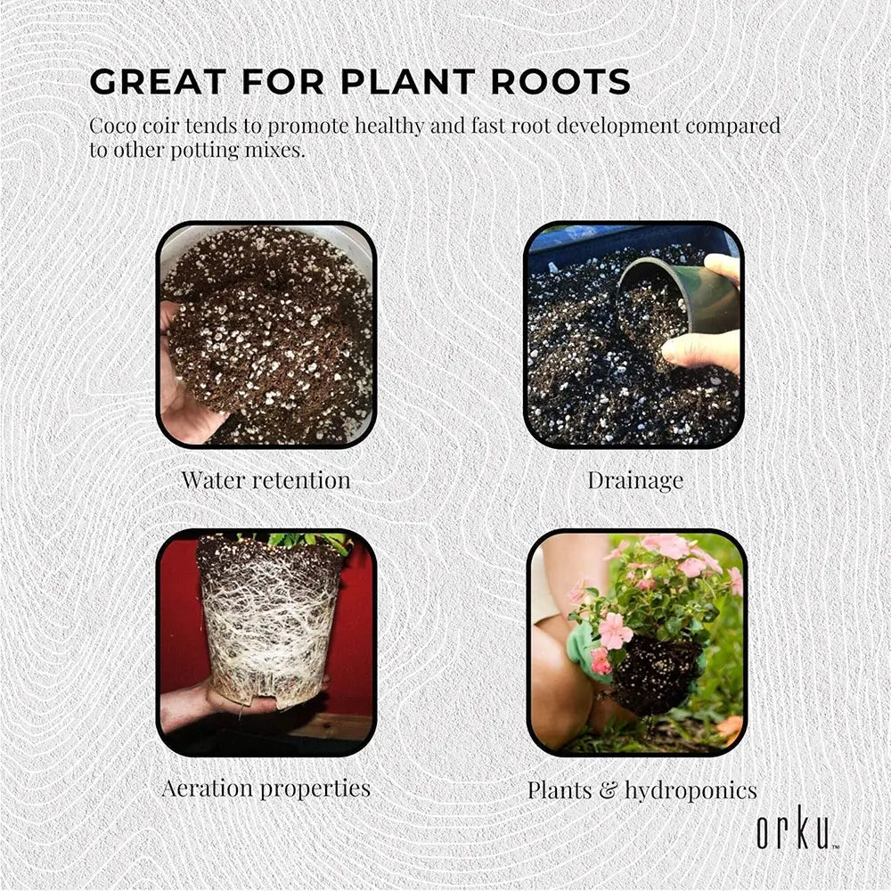 Advertisement for coco coir potting mix with text and images on a light gray background.