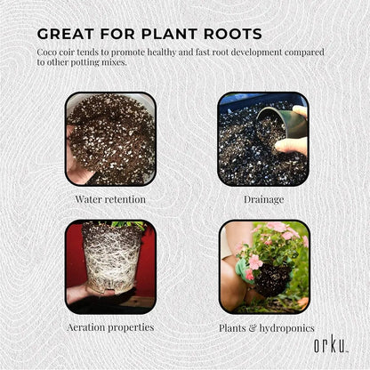 Advertisement for coco coir potting mix with text and images on a light gray background.