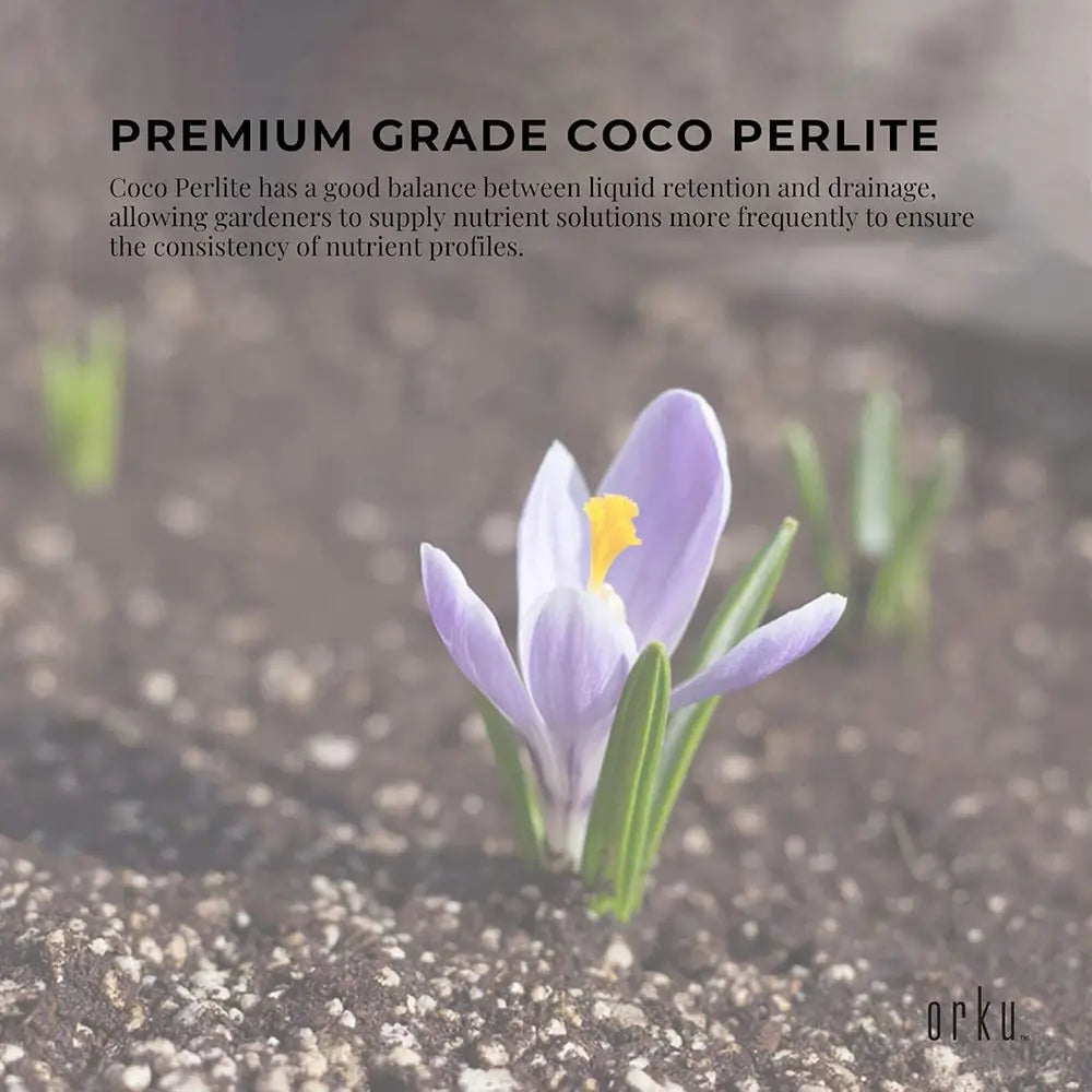 Purple flower emerging from soil with text about premium grade coco perlite