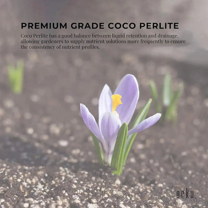 Purple flower emerging from soil with text about premium grade coco perlite