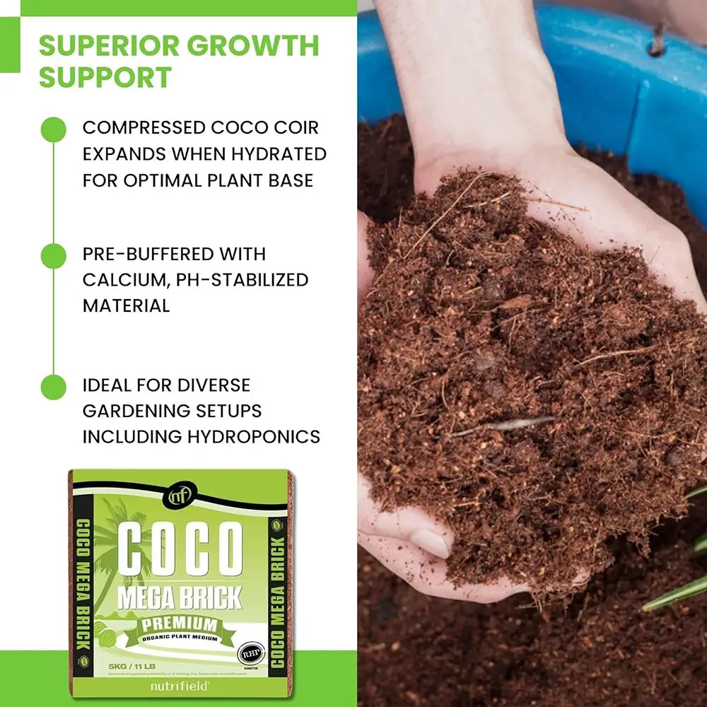 Coco Mega Brick with compressed coco coir and text on superior growth support.