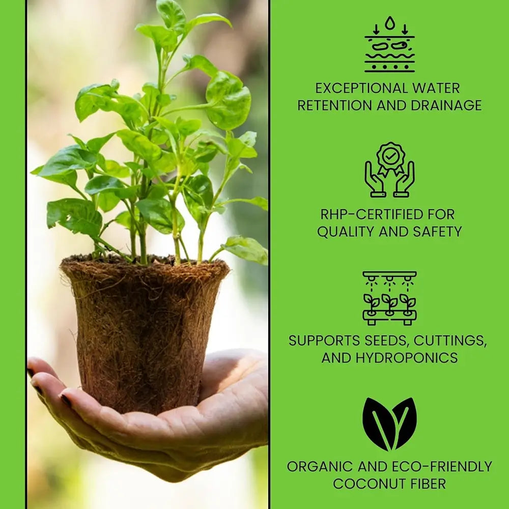 Coconut fiber pot with a plant held by a hand, alongside eco-friendly certification icons on a green background.