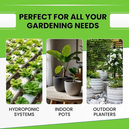 Promotional graphic for gardening products with images of hydroponic systems, indoor pots, and outdoor planters.