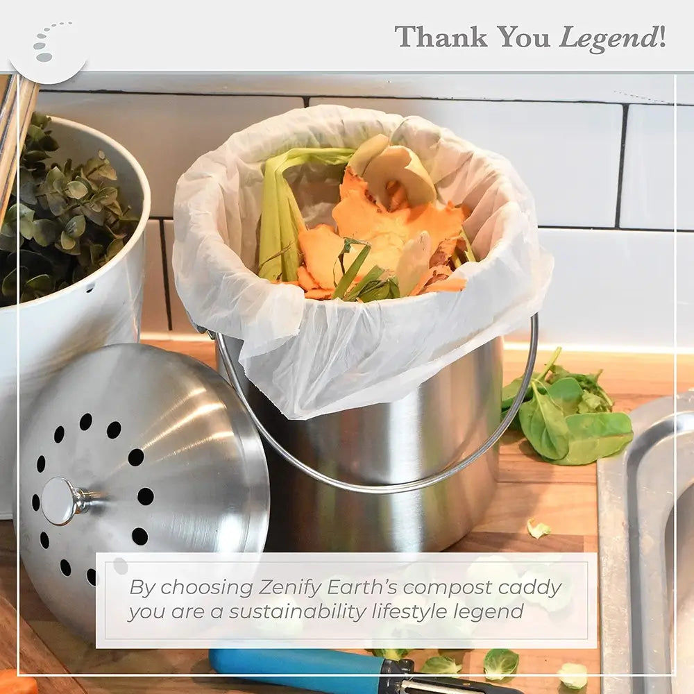 Compost caddy with a bag of compostable materials on a kitchen counter.