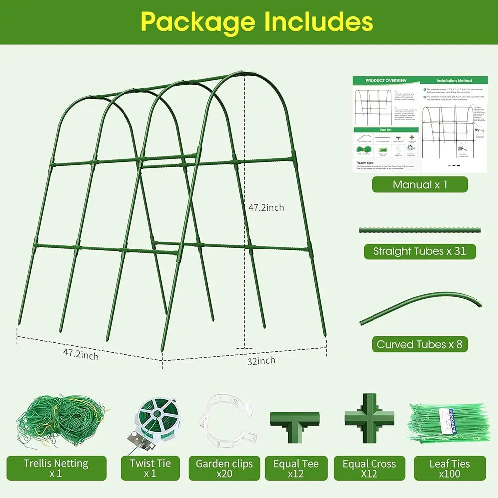 Garden trellis package with components listed on a green background
