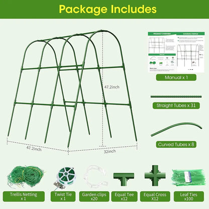 Garden trellis package with components listed on a green background