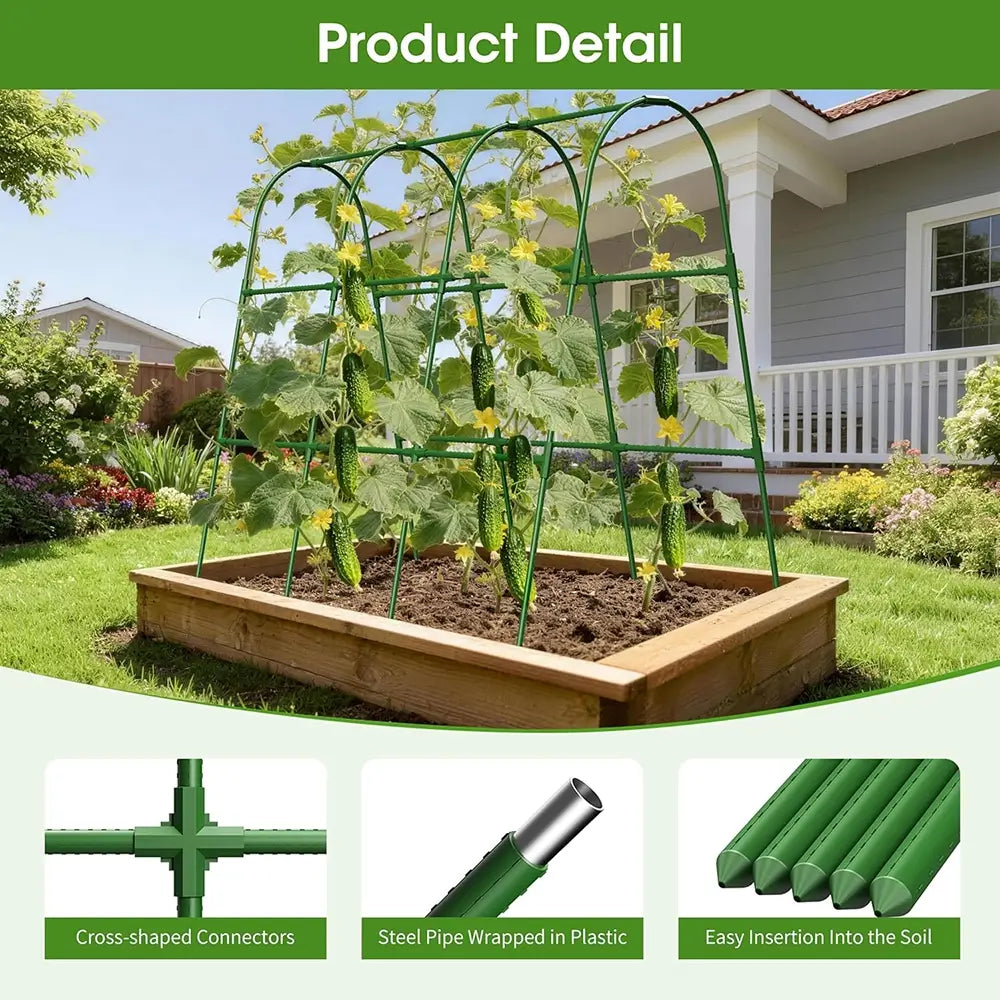Garden trellis system with plants in a garden setting, featuring cross-shaped connectors, steel pipe wrapped in plastic, and easy insertion into the soil.