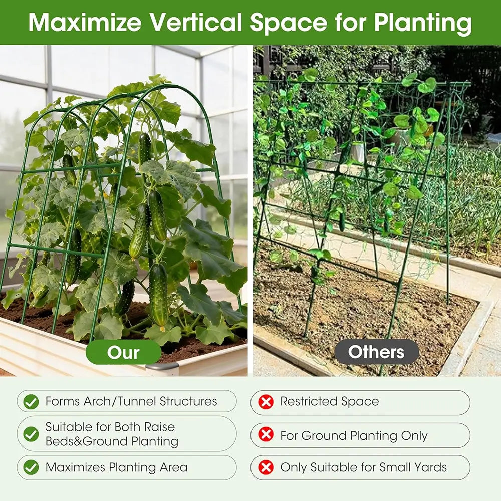 Garden trellis system with plants, comparing 'Our' product to 'Others' on a white background.