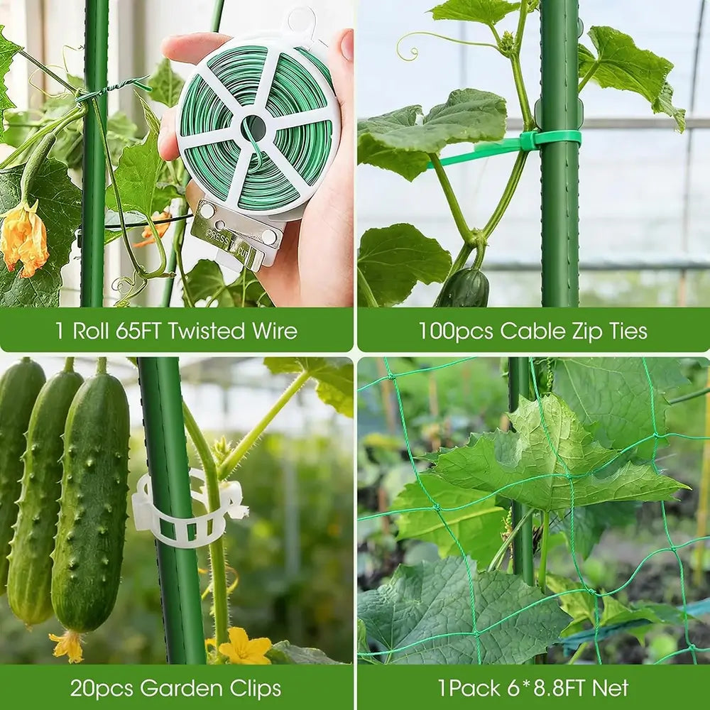 Gardening tools including twisted wire, cable zip ties, garden clips, and a net used for plant support.