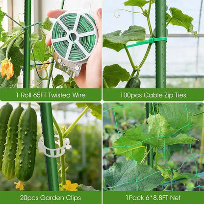 Gardening tools including twisted wire, cable zip ties, garden clips, and a net used for plant support.