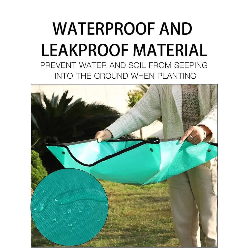 A person outdoors holds a teal waterproof garden mat or liner, with text above reading 'WATERPROOF AND LEAKPROOF MATERIAL' and a circular inset showing water droplets on the material.