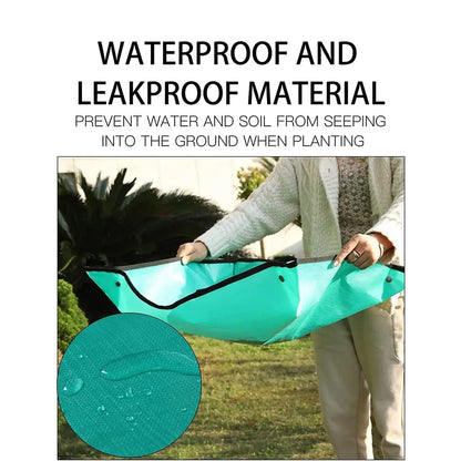 A person outdoors holds a teal waterproof garden mat or liner, with text above reading 'WATERPROOF AND LEAKPROOF MATERIAL' and a circular inset showing water droplets on the material.