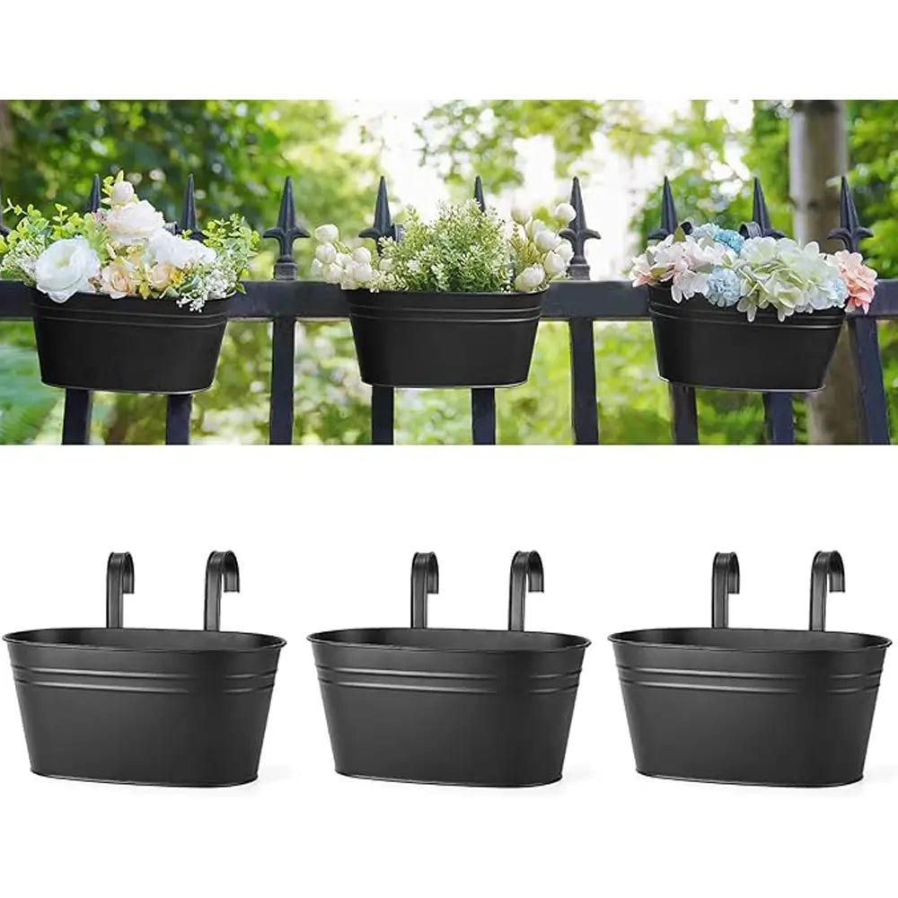 Three black metal hanging planter boxes with curved faucet-style hangers, shown both filled with flowers on a balcony railing and isolated on a white background from our Balcony Gardening Essentials

