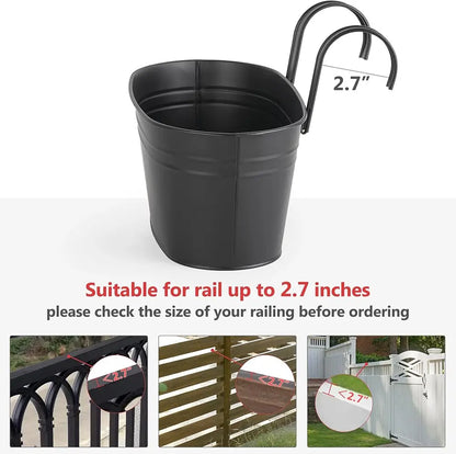 Black metal bucket with handle, suitable for railings up to 2.7 inches, on a white background.