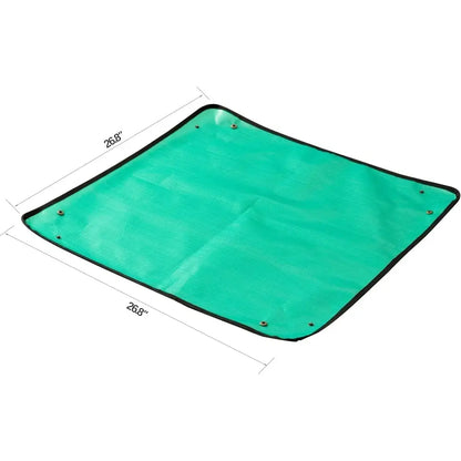A green rectangular tarp or mat with a black border and metal grommets, shown on a white background with dimension lines indicating 26.5 inches by 26.