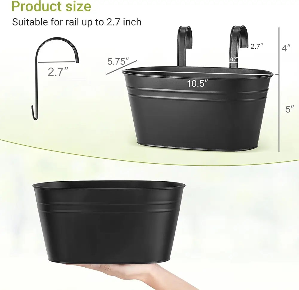 Black metal planter with dimensions and compatibility details on a white background
