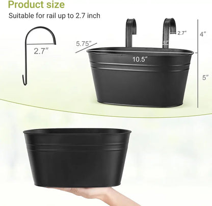 Black metal planter with dimensions and compatibility details on a white background