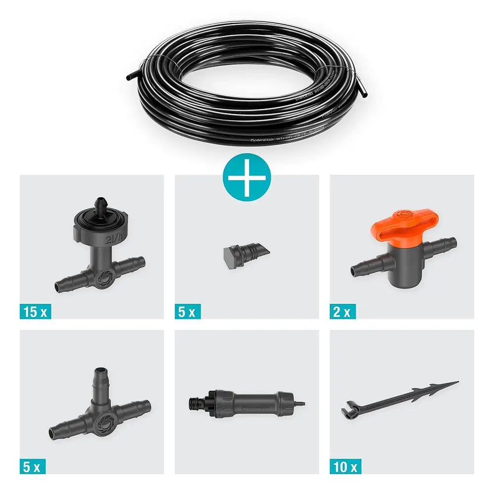 Set of garden irrigation components including a coiled black hose, various connectors, and nozzles on a white background.