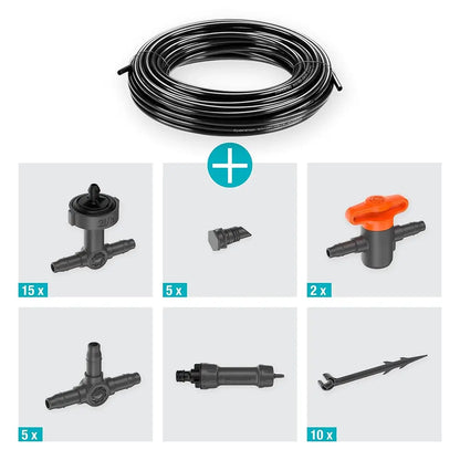 Set of garden irrigation components including a coiled black hose, various connectors, and nozzles on a white background.
