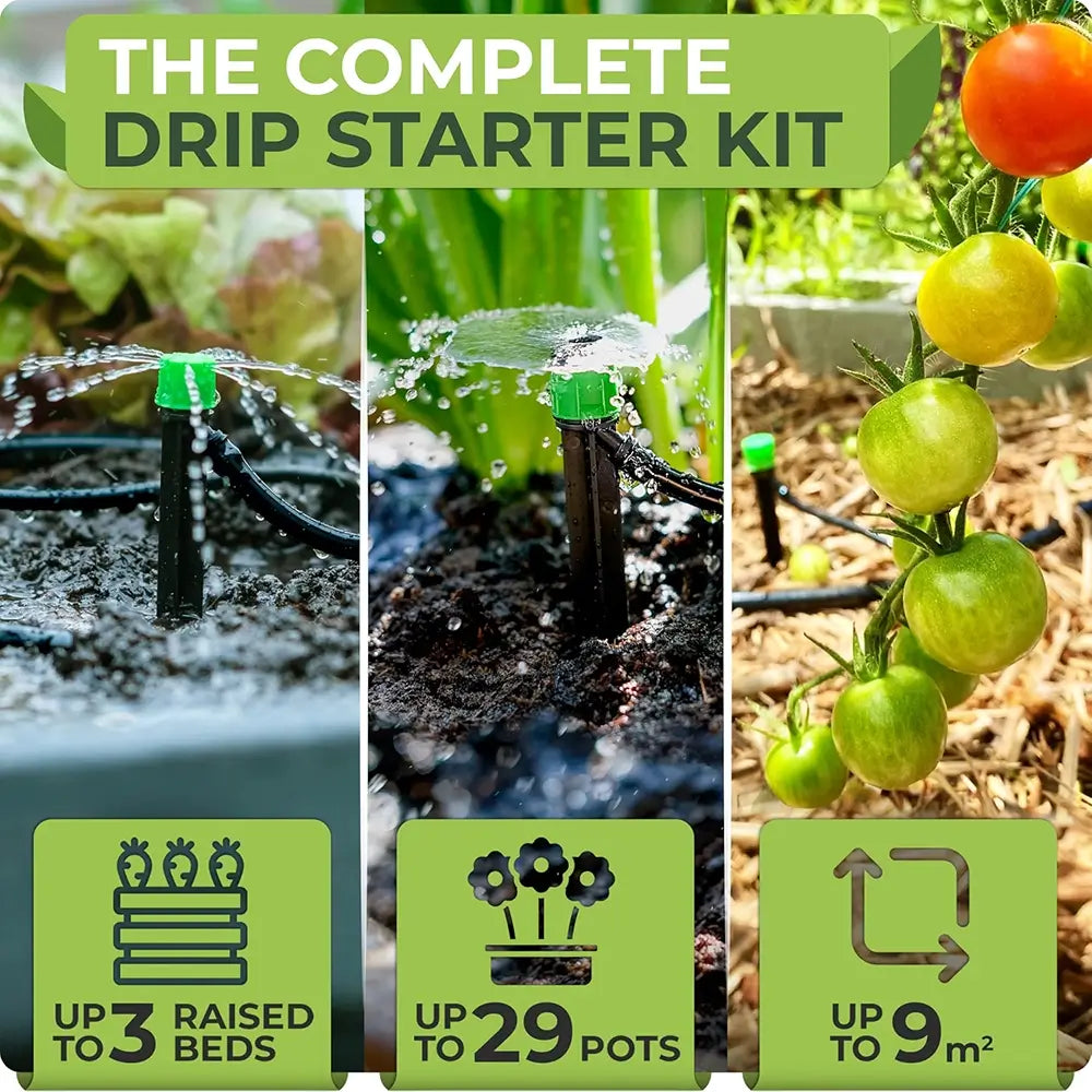 A promotional collage for a drip starter kit showing three panels: a drip emitter watering lettuce in a planter, a drip emitter watering green onions, and a drip emitter watering tomatoes on the vine. Large text at the top reads 'THE COMPLETE DRIP STARTER KIT,' and three green feature boxes at the bottom state 'UP TO 3 RAISED BEDS,' 'UP TO 29 POTS,' and 'UP TO 9 m².