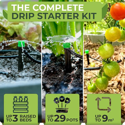 A promotional collage for a drip starter kit showing three panels: a drip emitter watering lettuce in a planter, a drip emitter watering green onions, and a drip emitter watering tomatoes on the vine. Large text at the top reads 'THE COMPLETE DRIP STARTER KIT,' and three green feature boxes at the bottom state 'UP TO 3 RAISED BEDS,' 'UP TO 29 POTS,' and 'UP TO 9 m².