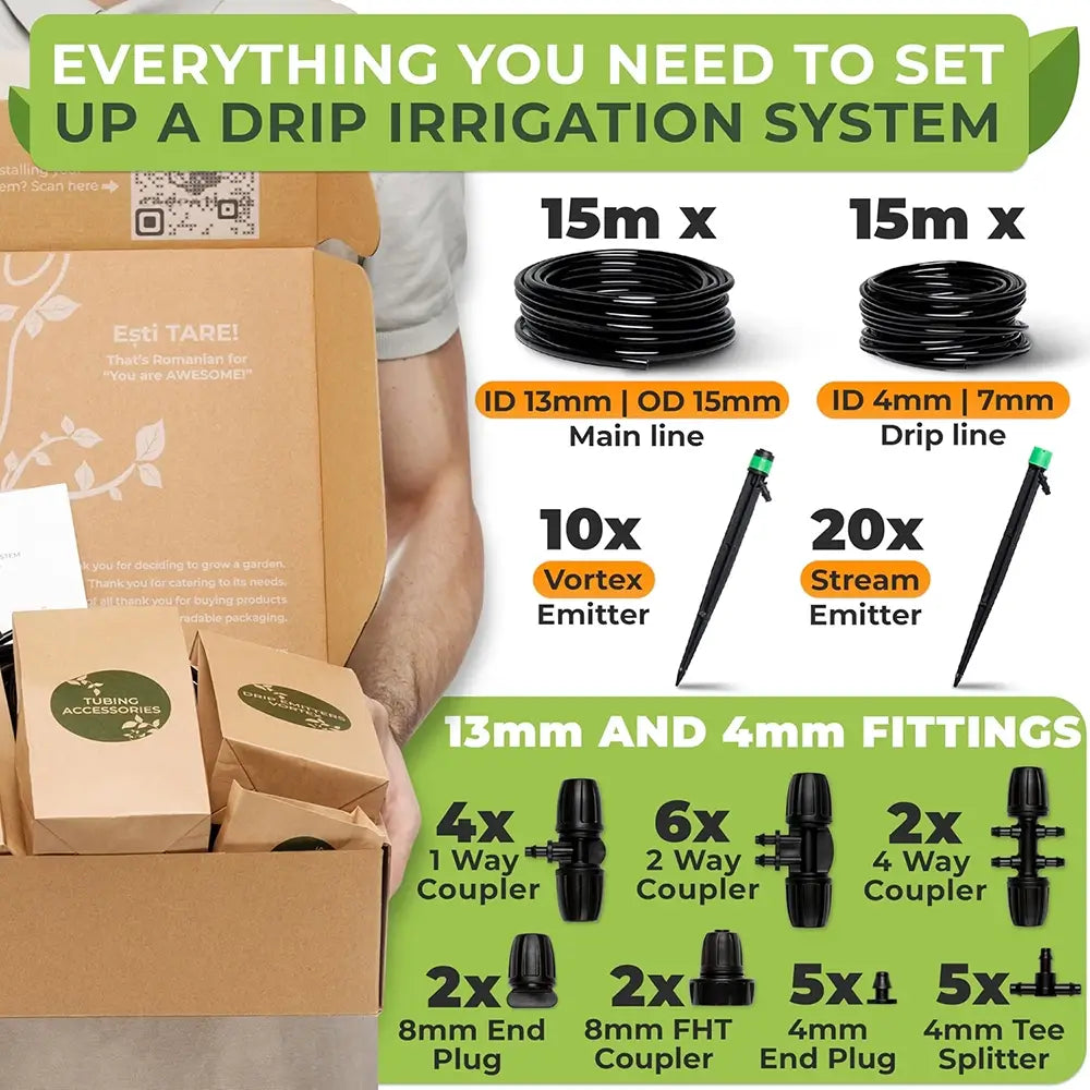 A drip irrigation system kit laid out on a green and white graphic background, showing black coiled tubing, two drip lines, two emitter stakes, fittings, plugs, and a cardboard box with the brand name TARE visible on the inside flap.
