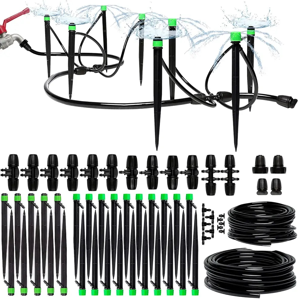 Black drip irrigation system kit with multiple stake emitters, black tubing, black drip heads, and small accessories, shown on a white background with water spray graphics at the top.