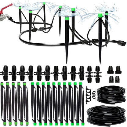 Black drip irrigation system kit with multiple stake emitters, black tubing, black drip heads, and small accessories, shown on a white background with water spray graphics at the top.