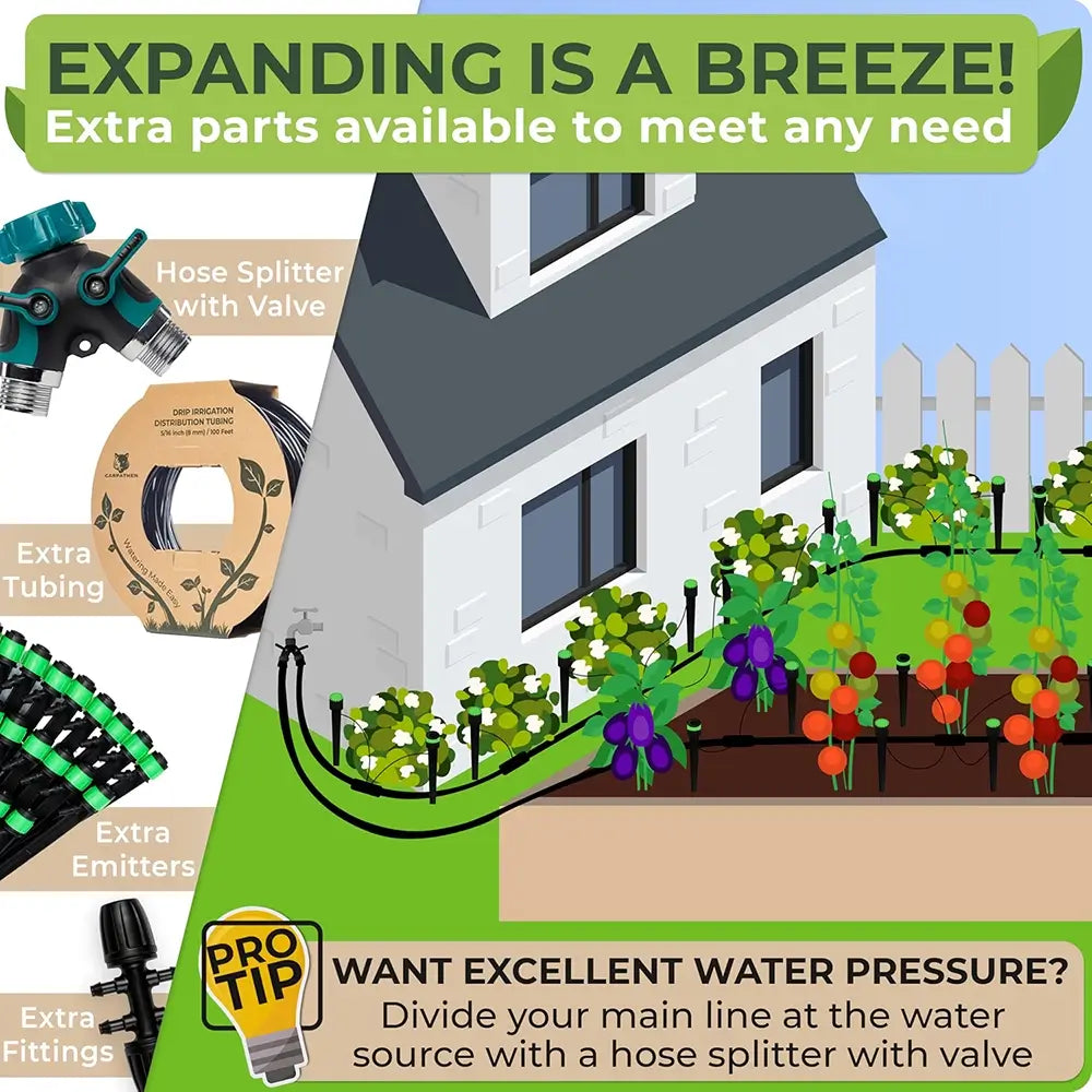 Promotional graphic for a hose splitter with valve, showing the product parts on the left and an illustrated house with a garden on the right. Text reads 'EXPANDING IS A BREEZE!' and 'Extra parts available to meet any need.