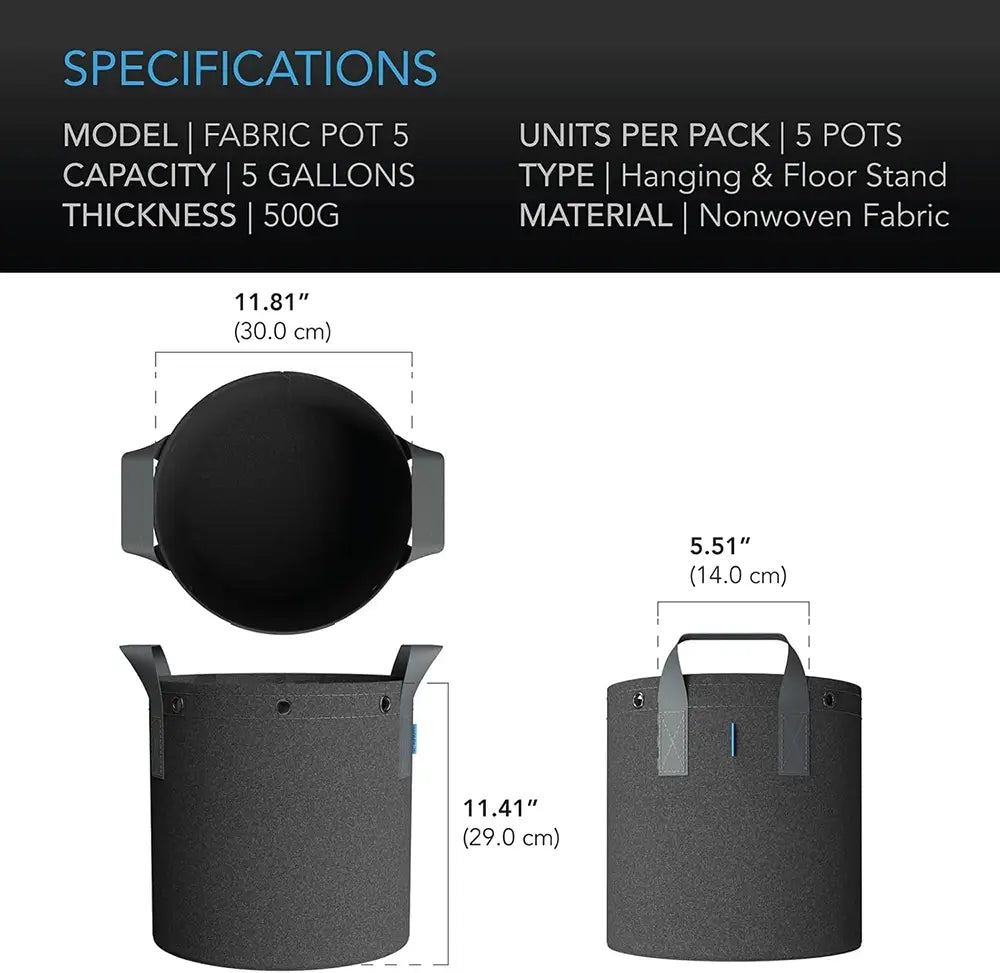 Fabric pot specifications with dimensions and material details on a white background