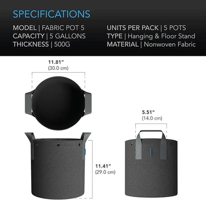 Fabric pot specifications with dimensions and material details on a white background
