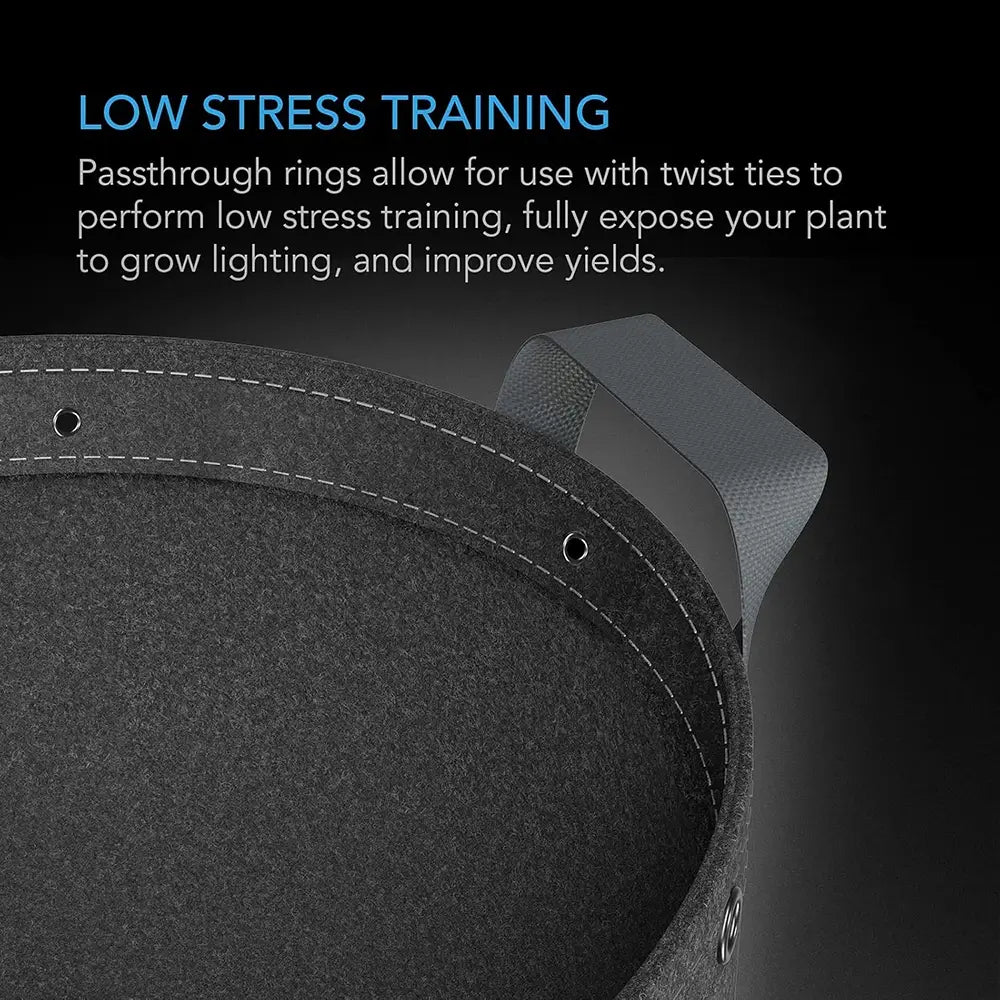 Black grow Fabric Pots with text about low stress training and passthrough rings on a dark background