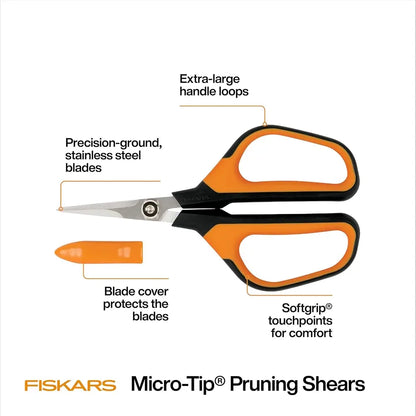 Fiskars Micro-Tip Pruning Shears with features highlighted on a white background