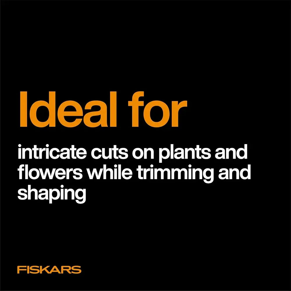 Text on a black background describing Fiskars product for plant and flower trimming.