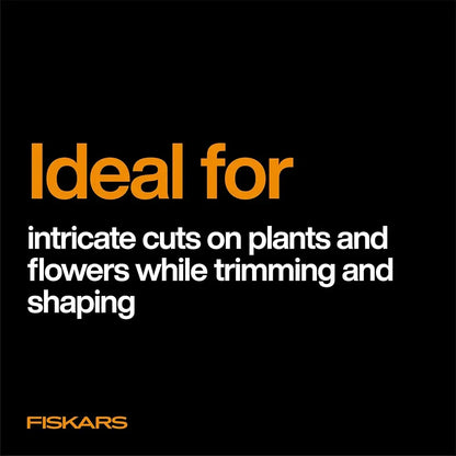 Text on a black background describing Fiskars product for plant and flower trimming.