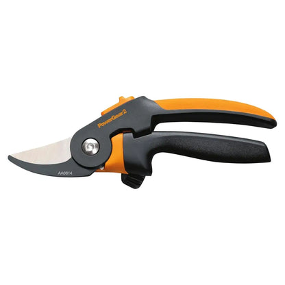 Gardening pruner with orange and black handle on a white background