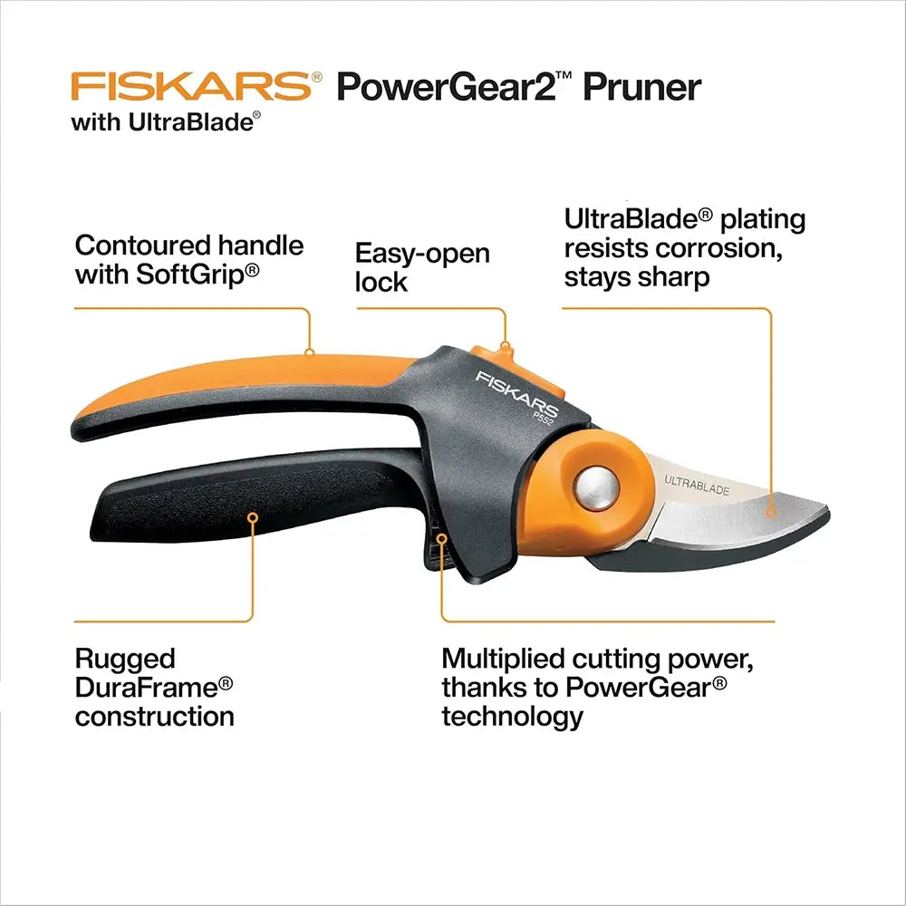 Fiskars PowerGear2 pruner with features highlighted on a white background