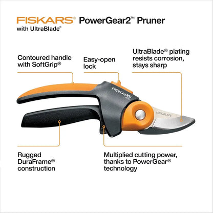 Fiskars PowerGear2 pruner with features highlighted on a white background